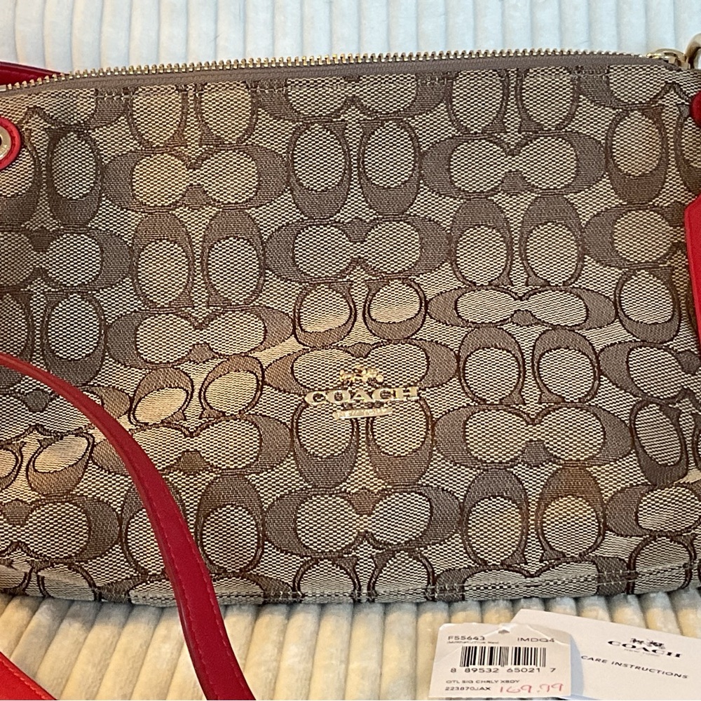 Authentic COACH Signature Crossbody Bag New tag Khaki/Red - Picture 3 of 14